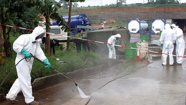 Experten entfernen hochgiftigen Giftmüll der Firma Trafigura in dem kleinen Dorf Akuedo village in der Eilfenbeinküste | Bild: dpa/epa/Legnan Koula