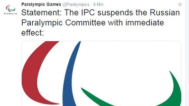 Tweet der Paralympic Games: Russlands Athleten mit sofortiger Wirkung von den Paralympischen Spielen gesperrt | Bild: Twitter