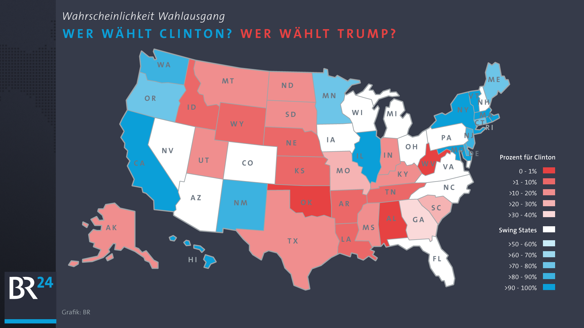 Infografik: Wahrscheinlichkeit Wahlausgang Clinton-Trump (Stand: August) | Bild: BR