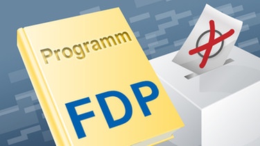 Illustration: Buch mit der Aufschrift "Programm" und dem Logo der FDP neben einer Wahlurne | Bild: FDP, colourbox.com; Montage: BR