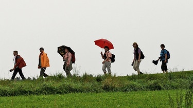Wanderer bei Nieselregen in der Nähe von Bethlehem im Allgäu | Bild: picture-alliance/dpa
