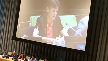 UN-Abrüstungschefin Angela Kane auf Podium und Monitor | Bild: BR / Hilde Stadler