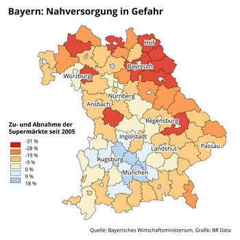Zu- und Abnahme der Supermärkte in Bayern seit 2005 | Bild: BR