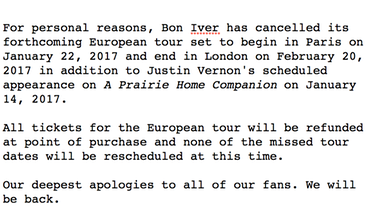 Bon Iver Tour Absage | Bild: Facebook/Bon Iver