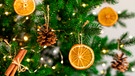 Weihnachtsbaumschmuck mit getrockneten Orangenscheiben, Zimtstangen und Kieferzapfen | Bild: mauritius images