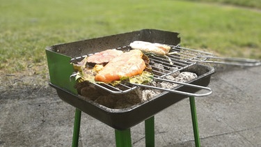 Fleisch und Fisch liegen auf einem Gemüseblatt auf dem Grill. | Bild: BR