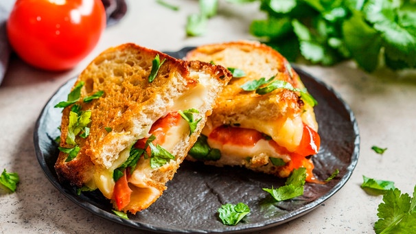 Grilled Cheese Sandwich mit Tomaten und Kräutern | Bild: mauritius images / Nina Firsova / Alamy / Alamy Stock Photos