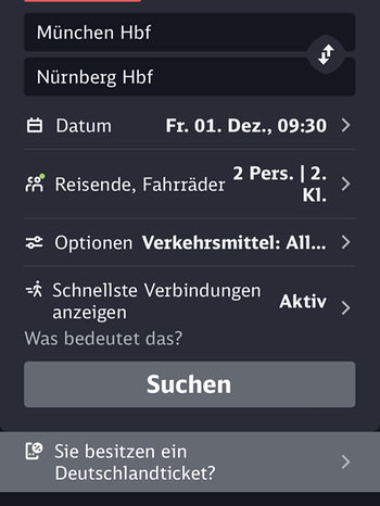 Bildschirmfoto der DB Navigator App - mit dem Hinweis "Sie besitzen ein Deutschlandticket?" | Bild: Screenshot DB-App