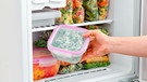 Eine Hand stellt eine Plastikdose mit Gemüse in den Gefrierschrank | Bild: mauritius images / Pixel-shot / Alamy / Alamy Stock Photos