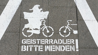Ein auf den Radweg gemaltes Symbolbild: Geisterradler bitte wenden!  | Bild: picture-alliance/dpa