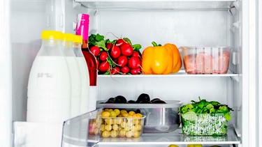 Obst, Gemüse und Fleisch lagern durcheinander im Kühlschrank | Bild: mauritius images / Tetyana Vychegzhanina / Alamy / Alamy Stock Photos