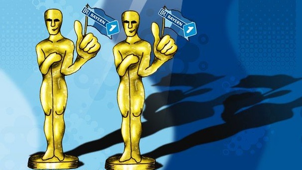 Oscar-Verleihung: Illustration von Goldjungen, die ihre Daumen nach oben strecken und Fähnchen mit Bayern 1-Logo hochhalten | Bild: BR