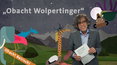 Gerald Huber vor einem designten Hintergrund mit ein paar gemalten Fabelwesen und dem Titel "Obacht Bairisch!" Dazu der Text: "Obacht Wolpertinger" | Bild: BR