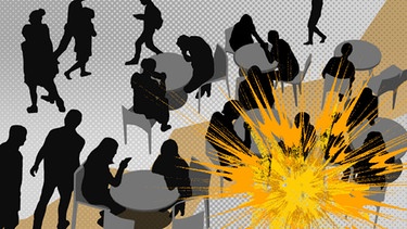 Illustration, öffentlicher Platz  in Explosion ittten eines Cafes | Bild: coloourbox/Montage BR