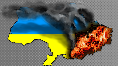 Illustration: Der Osten der Ukraine steht in Flammen. Rauch zieht über das Land | Bild: BR, colourbox.com, Montage: BR