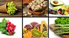 Im Uhrzeigersinn: Weintrauben, Pistazien, Avocado und Tomaten, Spargel, exotische Früchte, Radieschen | Bild: colourbox.com