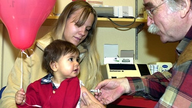 Geimpft auf dem Schoß der Mutter: Etwa einjähriges Kind bei einer Schutzimpfung mittels Spritze | Bild: picture-alliance/dpa