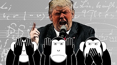 Illustration: Trump schwadroniert, die drei Affen halten sich Augen, Ohren und Mund zu | Bild: picture-alliance/dpa, BR, Montage: BR