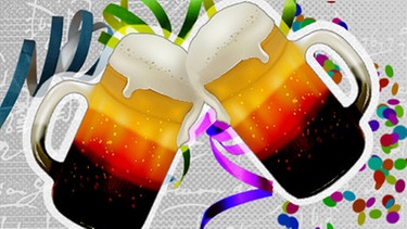 zwei Bierkrüge in deutschen Nationalfarben mit Konfetti und Luftschlangen | Bild: colourbox.com; Bearbeitung: BR