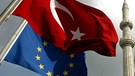 EU Fahne und die türkische Flagge vor der Nur-u Osmaniye Moschee in Istanbul | Bild: picture-alliance/dpa Tolga Bozoglu