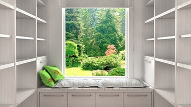 Fensterbank mit leeren Regalen und Blick in die Natur | Bild: colourbox.com