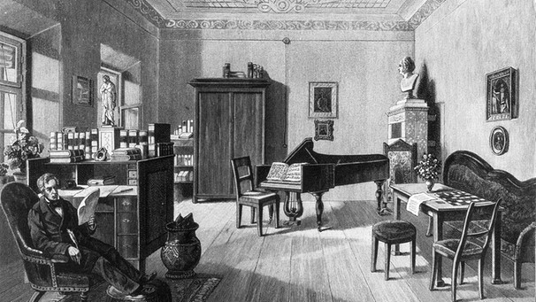 Franz Grillparzer in seinem Arbeitszimmer Holzstich nach F. Kanitz 1860 | Bild: picture-alliance/dpa