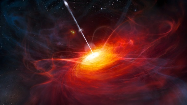Künstlerische Darstellung des bislang fernsten kosmischen Leuchtfeuers, eines sogenannten Quasars. | Bild: picture-alliance/dpa