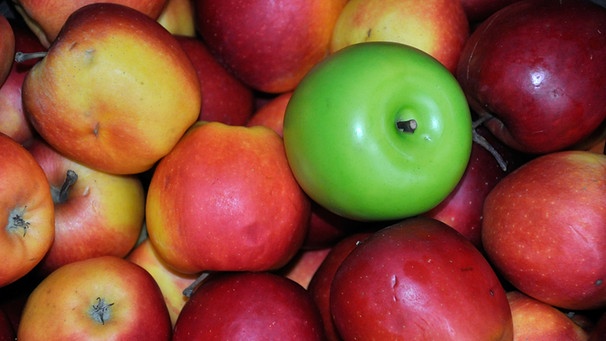 Ein grüner Hochglanzapfel liegt auf vielen roten Äpfeln | Bild: picture-alliance/dpa