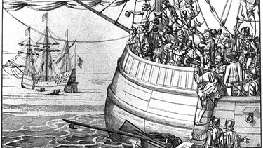 Kolumbus und seine Begleiter erblicken Amerika, Kupferstich um 1800 | Bild: picture-alliance/dpa