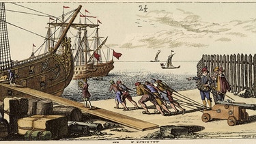 Aufbruch zur 1. Entdeckungsfahrt, Palos, 3. August 1492. Kupferstich von Schleuen nach Daniel Chodowiecki (1726-1801) | Bild: picture-alliance/dpa
