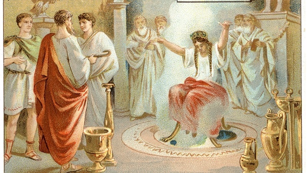 Lucius Iunius Brutus, erster Konsul der römischen Republik begleitet die zwei Söhne des Königs Tarquinius zum Orakel von Delphi, Farblithographie um 1890.jpg | Bild: picture-alliance/dpa