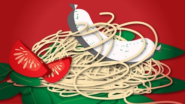 Illustration: Weisswurst gebettet auf Spaghettis und Basilikumbeet | Bild: BR: Tanja Begovic