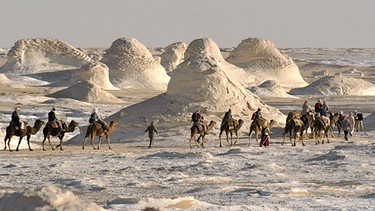 Kamele mit Reitern ziehen durch die Weiße Wüste in Ägypten | Bild: picture-alliance/dpa