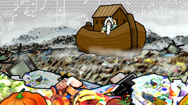 Illustration: Arche mit grübelndem Noah schwimmt auf einem Müll-Meer | Bild: BR, colourbox.com, Montage: BR / Christian Sonnberger
