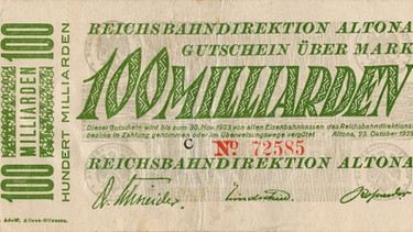 Die Hyperinflation in der Weimarer Republik (1921-1923). Vorderseite einer 100 Milliarden Mark Banknote | Bild: picture-alliance/dpa