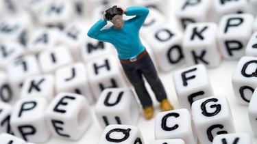 Eine verzweifelte Männerfigur steht inmitten von Buchstabenwürfeln | Bild: picture-alliance/dpa