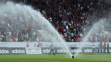Der Rasen im Stadion des FC Ingolstadt wird vor einem Spiel bewässert. | Bild: picture-alliance/dpa
