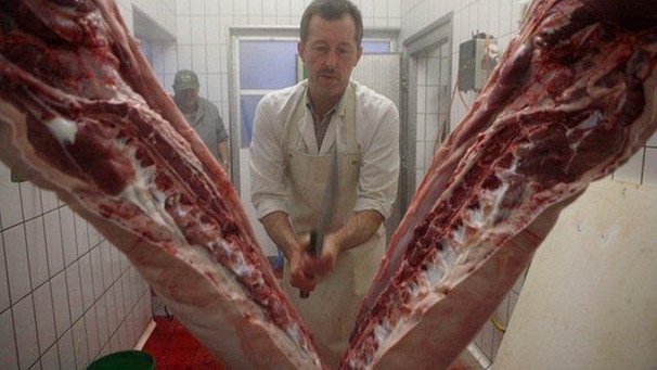 Metzger zerteilt geschlachtetes Schwein | Bild: Sabine Franzl