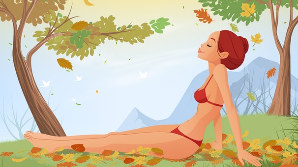 Illustration "Jahreszeiten durcheinander", Frau sonnt sich im Herbstlaub | Bild: colourbox.com; Montage: BR/Renate Windmeißer