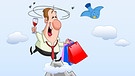 Illustration: Ein betrunkener Mann balanciert mit einem Glas Wein und Tüten auf einer Bergspitze | Bild: colourbox.com; Montage: BR