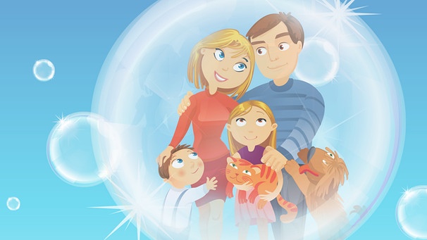 Illustration "Familie in einer Wohlfühlblase" | Bild: colourbox.com; Montage: BR/Renate Windmeißer