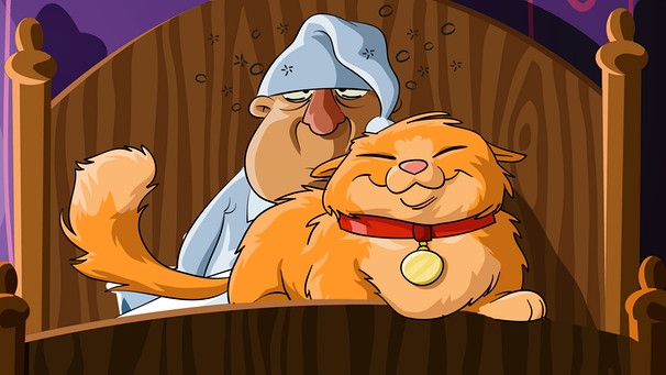 Mann mit Schlafmütze im Bett kann nicht schlafen, auf ihm sitzt eine dicke grinsende Katze | Bild: colourbox.com; Montage: BR