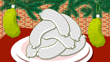 Illustration: ein Teller voller Weißwürste und Weihnachtsgurken an Tannenzweigen | Bild: colourbox.com; Montage: BR