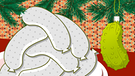 Illustration: ein Teller voller Weißwürste und Weihnachtsgurken an Tannenzweigen | Bild: colourbox.com; Montage: BR