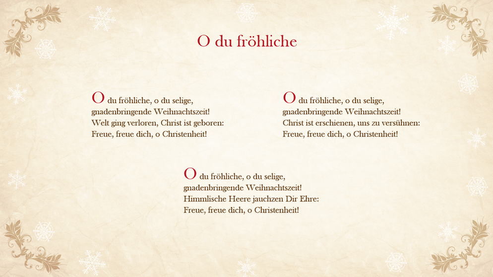 Der Text von 'O du fröhliche' auf weihnachtlichem Hintergrund | Bild: BR, Text: Gemeinfrei