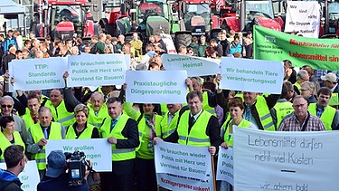 Zum Abschluss des Bauertags in Erfurt machen Ladwirte mit Transparenten auf ihre Probleme aufmerksam. | Bild: picture-alliance/dpa