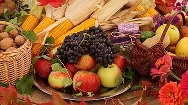 Erntedankgaben: Äpfel, Weintrauben, Nüsse, Kartoffeln, Maiskolben und herbstliches Weinlaub | Bild: picture-alliance/dpa