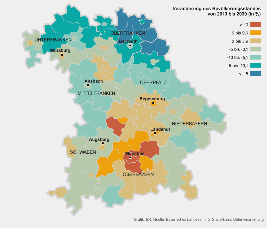 Grafik: Veränderung des Bevölkerungsstandes in Bayern von 2010 bis 2030 | Bild: BR, Quelle: Bayerisches Landesamt für Statistik und Datenverarbeitung