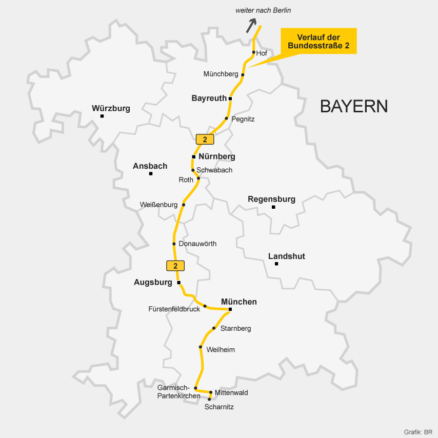 Karte: Verlauf der Bundesstraße 2 in Bayern | Bild: BR