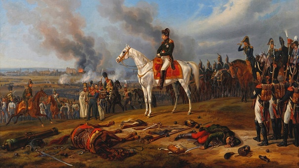 Napoleon blickt von einem Hügel aus auf das brennende Regensburg | Bild: Historisches Museum Regensburg